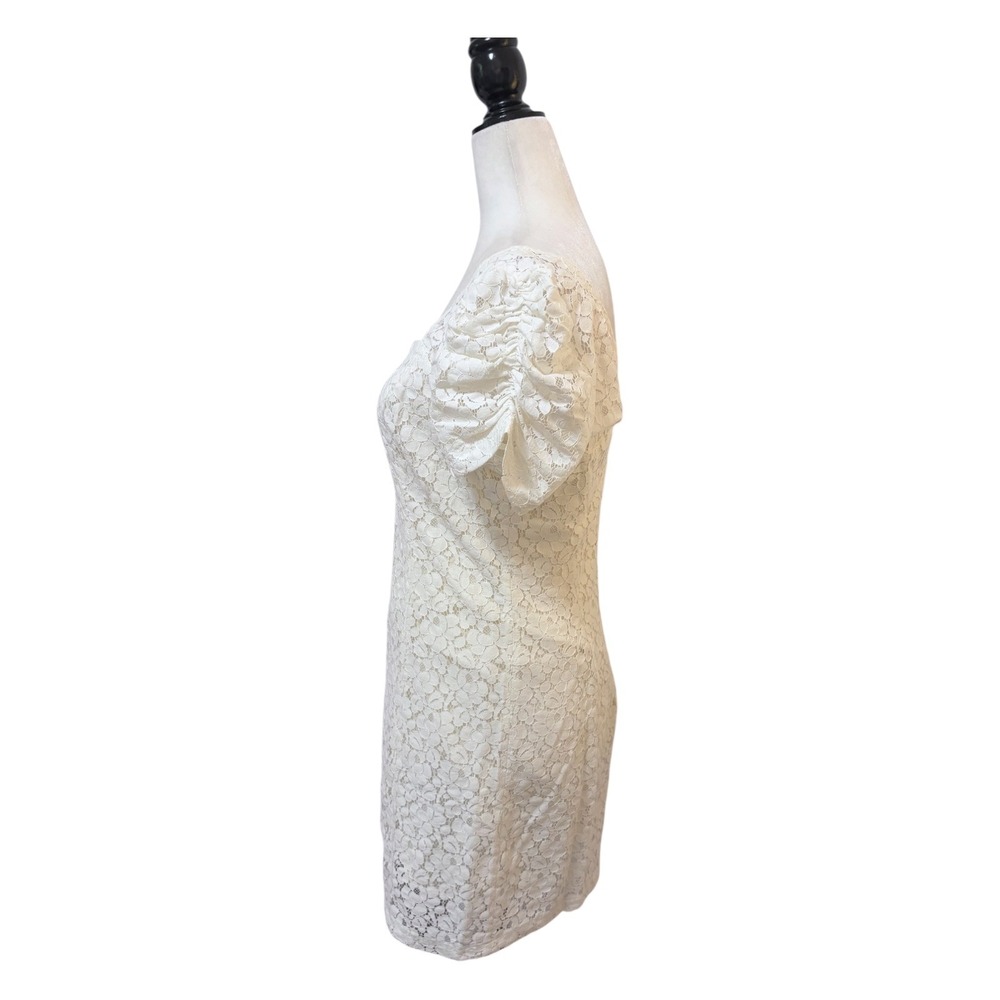 Guess Los Angeles Floral Ivory Lace Mini Dress Size 6 Puff Sleeve Deep V - Picture 5 of 10